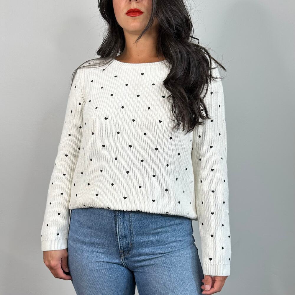 Talbots White Hearts & Polka Dot Crewneck Oversized Sweater